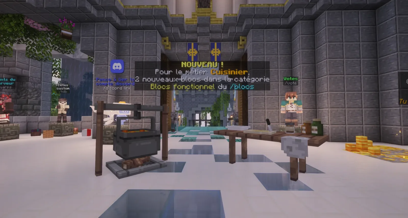 Au spawn, la marmite sur son feu et la table de cuisine exposées sous l'annonce du métier Cuisinier