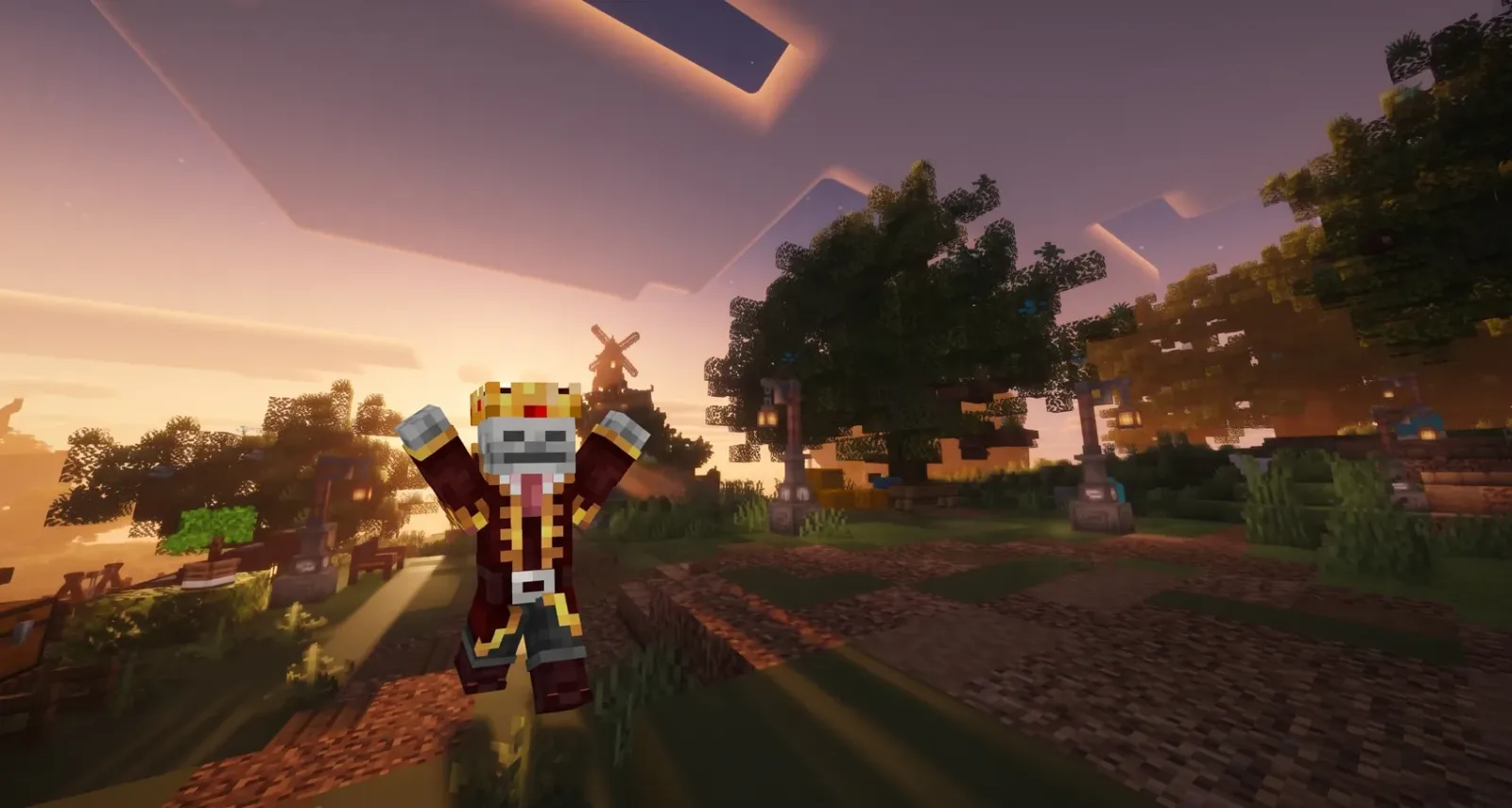 Menrael, le rédacteur en chef, les bras levés au coucher du soleil, au spawn de La Citadelle